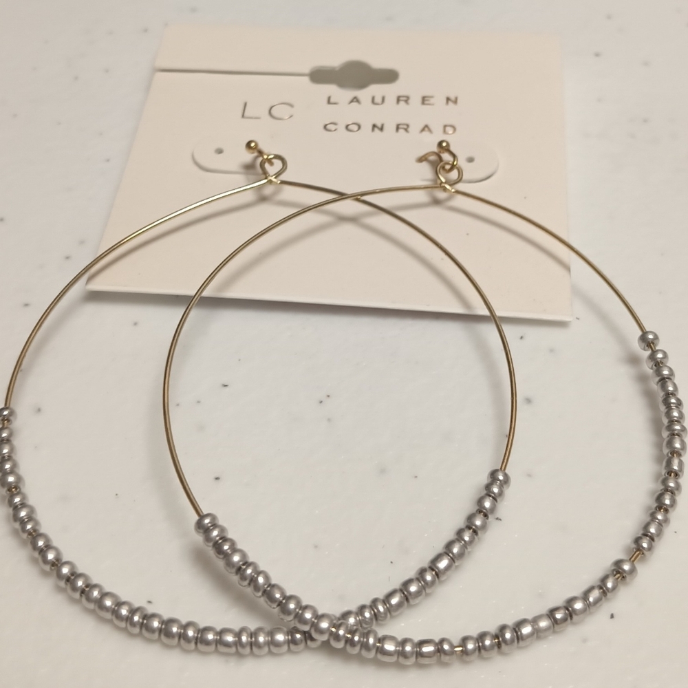LAUREN CONRAD GOLDTONE LARGE BEADED HOOPS - Picture 2 of 5